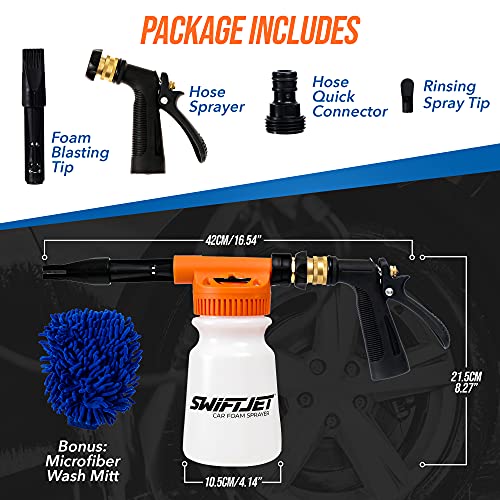 SwiftJet Car Wash Foam Gun + Microfiber Wash Mitt - Foam Cannon Works with Any Soap - Garden Hose Car Foam Sprayer - Car Wash Kit - Car Accessories Foam Blaster (Orange Foam Gun with Mitt)