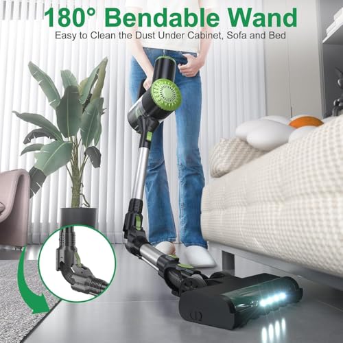PRETTYCARELIFE Cordless Vacuum Cleaner, Lightweight Stick Vacuum Cleaner, 6 in 1, Self-Standing with Powerful Suction, 180° Bendable Wand Rechargeable Cordless Vacuum for Hardwood Floor (Green)