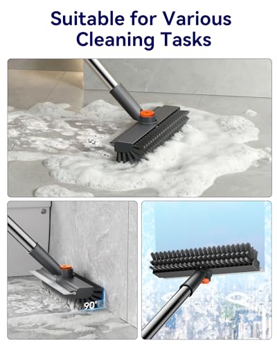 HelpX Small Floor Scrub Brush with Length Adjustable Long Handle, 3 in 1 Heavy-Duty Stiff Bristle Scrubber Brush with Squeegee and Tweezer Push Broom for Cleaning Bathroom, Patio, Garage and Kitchen