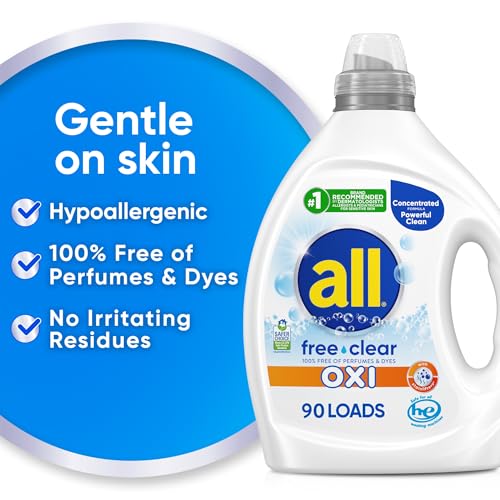 all Liquid Laundry Detergent, Free Clear for Sensitive Skin with OXI, Unscented and Hypoallergenic, 2X Concentrated, 90 Loads