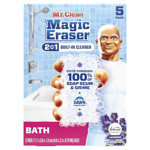 Mr. Clean Magic Eraser Sponge, Bathroom Cleaner, Shower Cleaner, Tub Cleaner, Soap Scum Remover, Bathroom Cleaning Supplies, Dawn Cleaning Power with Febreze Lavender Scent, 5ct