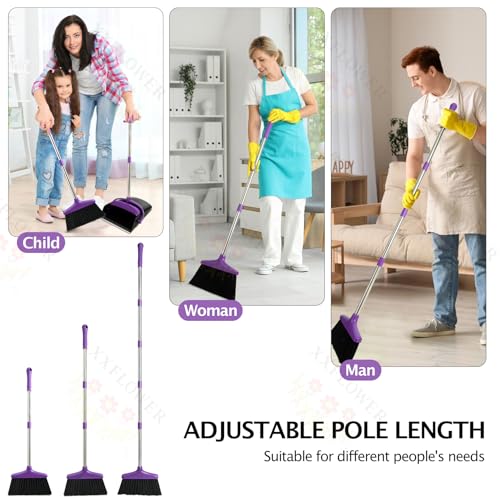 XXFLOWER Broom and Dustpan Set with Long Handle, Light Weight Stainless Steel Poles Stand Upright Dustpans with Broom Combo for Home Kitchen Office Pet Dog Hair, 1-Pack (Purple)