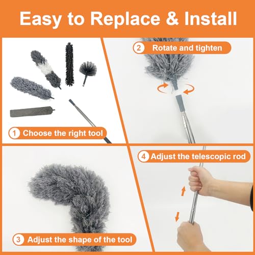 15 PCS Feather Dusters for Cleaning, Microfiber Duster with Extension Pole 100in, Extendable Duster for High Ceilings, Ceiling Fans, Baseboards, Blinds, Car Interior - Washable Reusable Dusting Tools