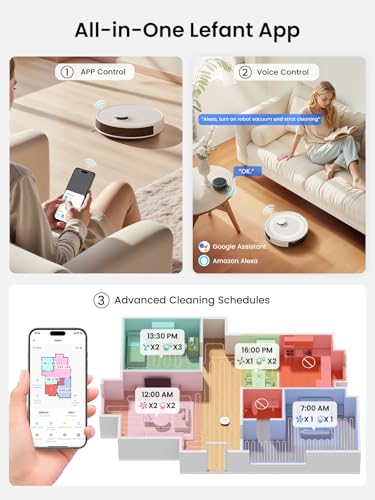 Lefant LiDAR Robot Vacuum and Mop, 90-Day Self-Emptying, 190° PSD Obstacle Avoidance, Customized Cleaning, Multi-Floor Mapping, 5500Pa Strong Suction, 140 Min Runtime, WiFi/Alexa/APP/iWatch, M2 Pro