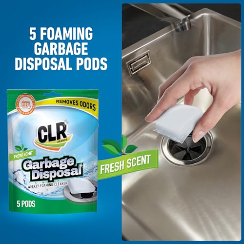 CLR Garbage Disposal Cleaner and Deodorizer Pods, 5 Count, Fresh Scent Weekly Foaming Drain Odor Eliminator - 1 Month Supply