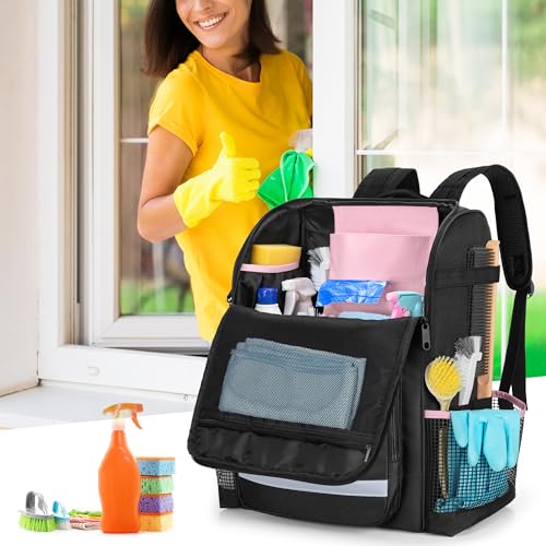LoDrid Cleaning Bag with Thickened Adjustable Shoulder Straps, Large Cleaning Caddy Organizer with Multiple Pockets for Cleaning and Housework, Pink (Patent Designed)