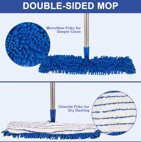Microfiber Dust Mop for Floor Cleaning - Dual-Sided Washable Pads, Adjustable Stainless Steel Handle (30.7"-56.7") - Wet/Dry Use for Hardwood, Laminate, Tile, Marble Floors with Spin Mop Heads
