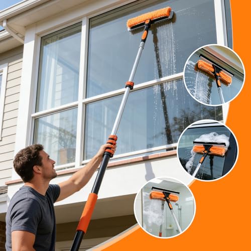 30FT High Window Cleaning Kit, 5-24 FT Telescoping Extension Pole with Dual Action Flip-Lock & Screw Fixing Design, 2-in-1 Window Squeegee, Professional Long Handle Washing Tool for High Windows