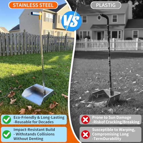 Heavy Duty 304 Stainless Steel Dustpan and Broom Set, Long Handle Self Standing Dust Pan with Wide Mouth Pet Hair Comb Teeth, Indoor Outdoor Cleaning Set for Kitchen Garage Office