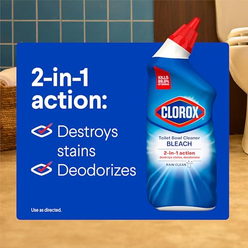 Clorox Toilet Bowl Cleaner with Bleach, Rain Clean Scent, Kills 99.9% of Germs, Removes Toilet Rings and Mold Stains, 24 fl oz, Pack of 12