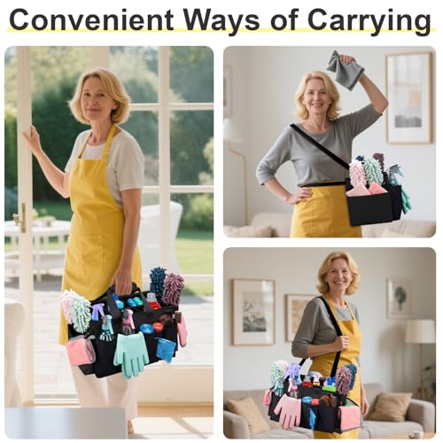 Wigojoy Wearable Large Cleaning Caddy Bag for Housekeeper, Clean Supply Organizer with Adjustable Shoulder, Waist & Handle Straps, Detailing Bag for Kitchen Supplies (Black)