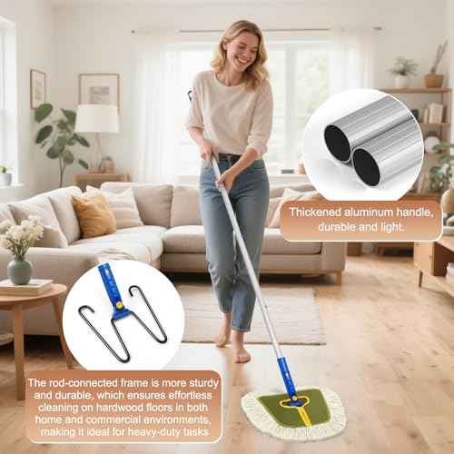 Commercial Dust Mop for Hardwood Floors Cleaning,Industrial Dry Mop Broom with 2 Replacement Wedge Cotton Mop Pads for Walls,Hardwood,Laminate, Vinyl,Tile,Home,Warehouse Floor Duster,Green