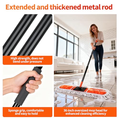 36" Large Commercial Dust Mops for Industrial Floor ，Marble, Laminate,Tile,Concrete,Garage. Janitor Broom Wide Dry mop for Hardwood ,Heavy Duty Long Handle Hotel Gym Household Cleaning Supplies