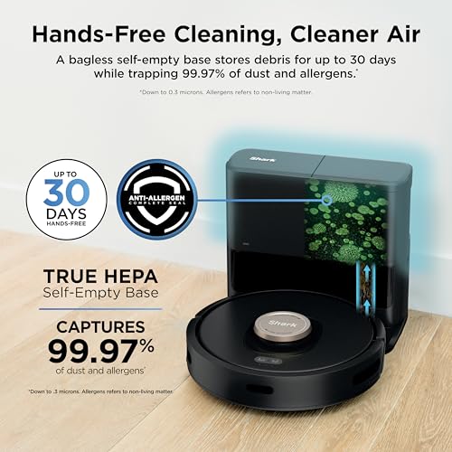 Shark AV2501AE AI Robot Vacuum with XL HEPA Self-Empty Base, Bagless, 60-Day Capacity, LIDAR Navigation, Perfect for Pet Hair, Compatible with Alexa, Wi-Fi Connected, Carpet & Hard Floor, Black