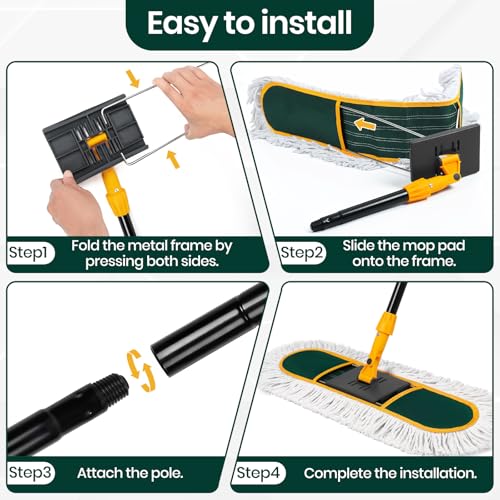 24 Inch Commercial Dust Mop for Floor Cleaning-Heavy Duty Dry & Wet Push Broom with 3 Washable Pads, 57" Handle & 360° Swivel Floor Duster for Hardwood, Laminate, Vinyl Floors & Warehouse