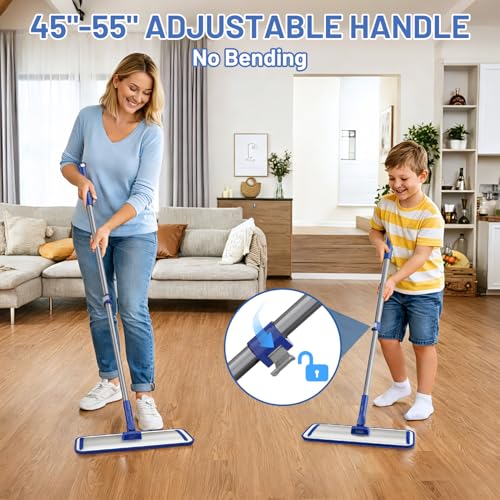 Microfiber Floor Mop for Hardwood Floors: 55" Adjustable Professional Flat Mop with 4 Washable Pads Stainless Steel Handle for Wet Dry Laminate Tile Vinyl Floor & Wall Cleaning