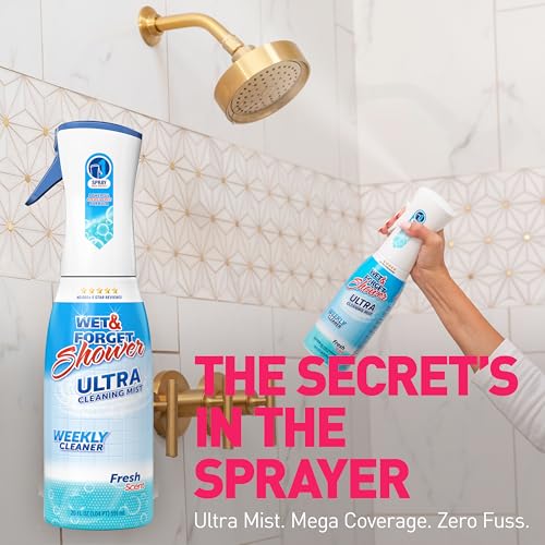 WET & FORGET Shower Ultra Cleaner Mist Fresh Scent No-Scrub Weekly Bathroom Spray for Fiberglass, Tile, Glass, Grout & More, 1 Spray and 1 Refill, 20oz each