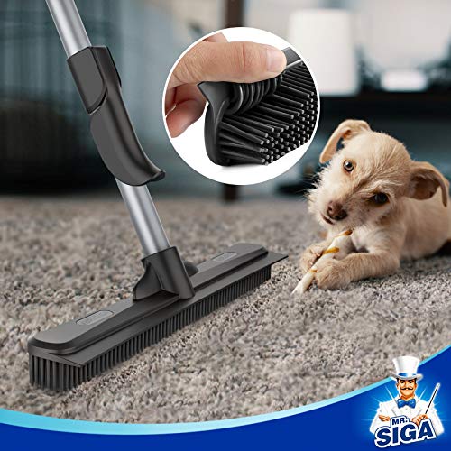 MR.SIGA Pet Hair Removal Rubber Broom with Built in Squeegee, 3 in 1 Floor Brush for Carpet, 61 inch Adjustable Handle, Includes 1 Microfiber Cloth for Floor Dusting