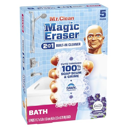 Mr. Clean Magic Eraser Sponge, Bathroom Cleaner, Shower Cleaner, Tub Cleaner, Soap Scum Remover, Bathroom Cleaning Supplies, Dawn Cleaning Power with Febreze Lavender Scent, 5ct