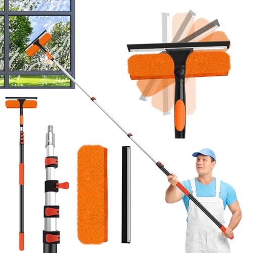26FT High Window Cleaning Kit with Pole,2 in 1 Window Squeegee,5-20FT Professional Window Clean Pole Kit(2 Squeegee & 2 Microfibre Cloths),180°Rotatable Squeegee for Indoor/Outdoor High Windows
