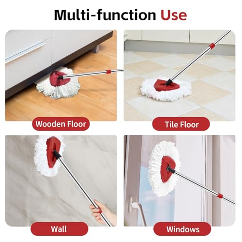 ANREKEYH Spin Mop Replace Head, Base, Handle Compatible with O Cedar EasyWring Microfiber Spin Mop, 2 Mop Refills Replacement Heads, 30-58in Mop Handle and 1 Mop Base Combo Set (White (1-Tank System))
