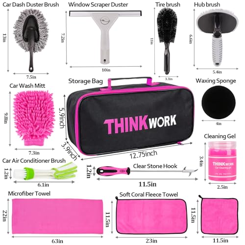 THINKWORK Pink Car Detailing Cleaning Kit, Car Wash Kit, Car Accessories for Women Suitable for Small and Medium Vehicles Such As Cars, Trucks, Suvs(17pcs)