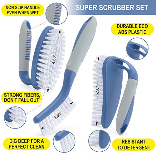 Scrub Brush Set of 3pcs - Cleaning Shower Scrubber with Ergonomic Handle and Durable Bristles - Grout Cleaner Brush - Scrub Brushes for Cleaning Bathroom/Shower/Tile/Kitchen/Floor/Bathtub/Carpet, Blue