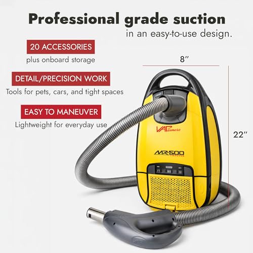 Vapamore MR-500 Vento Canister Vacuum, Professional-Grade Vacuum System with Turbo Pet Brush, Adjustable Suction, Extended Reach and 26’ Power Cord