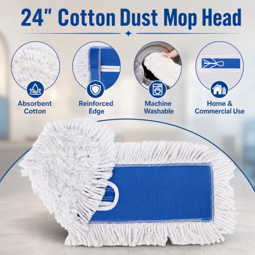 24 Inch Industrial Cotton Dust Mop Head Refill, Dust Mop Replacement Head for Commercial & Home Use, Heavy Duty Replacement for Office & Industrial Use, Machine Washable 1pc