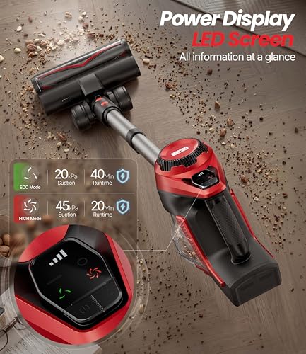 Cordless Vacuum Cleaner for Home, Stick Vacuum 45Kpa, Smart Display & 1.5L Dust Cup, MAX 40mins Runtime, Rechargeable Lightweight Handheld Vavuum for Pet Hair/Carpet/Hardwood Floor/Car (Crimson)