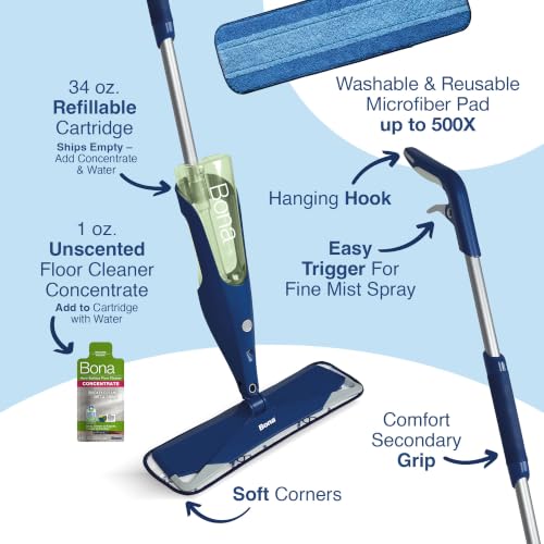 Bona Multi-Surface Floor Premium Spray Mop - Includes Multi-Surface Floor Cleaner Concentrate and Machine Washable Microfiber Cleaning Pad - For Stone, Tile, Laminate and Vinyl LVT/LVP Floors