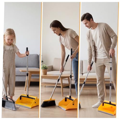 Didaey 1 Pcs Commercial Dustpan with Comb 38” Long Handle Upright Heavy Duty Dust Pan Outdoor Indoor for Courtyards Garages Lobby Mall Market Market Floors Office Pet Hair Rubbish Cleaning (Yellow)