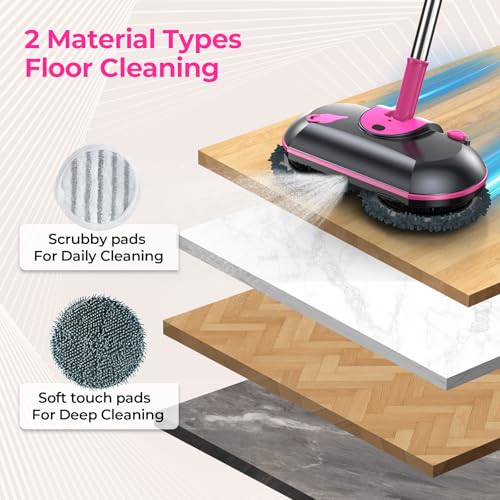 Cordless Electric Mop, Electric Spin Mop with Water Sprayer, Powerful Floor Cleaner, 300ml Tank Self-Propelled for Hardwood & Tile, Adjustable Handle, 2500mAh Long-Lasting Battery, Pink