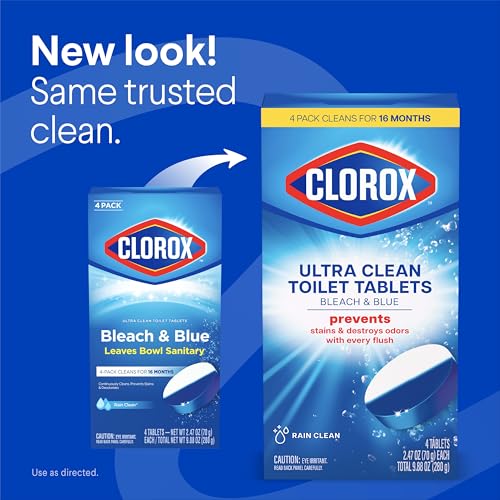 Clorox Ultra Clean Toilet Tablets Bleach & Blue, Rain Clean Scent, Toilet Cleaner Kills 99.9 Percent of Bacteria with the Power of Clorox Bleach, 2.47 oz., 4 Count