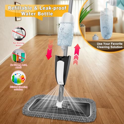 TRAV-ROUND Spray Mop for Floor Cleaning: Microfiber Wet Dry Mop for Hardwood Laminate Tile Wood Vinyl, 360° Swivel Head Lightweight Flat Floor Mops with 3 Washable Reusable Pads & Refillable Bottle
