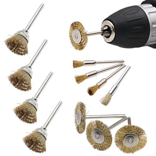 TorSor 12 Pack Rotary Tool Brass Wire Brushes Set with 1/8 Inch Shank Rust Removal Wire Brush Wheel Kit for Dremel Cordless Rotary Tool Cleaning Corroded Metal Surface Aluminum Polish Paint Stripping