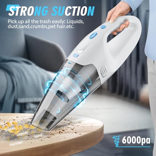 FUOAYOC Handheld Vacuum Cordless,Car Cordless Rechargeable, 6KPA Powerful Suction Hand Held Vacuum with LED Light/Multi Accessories, 1.6lbs Mini Portable Vacuum Cleaner for Home/Car/Office Cleaning