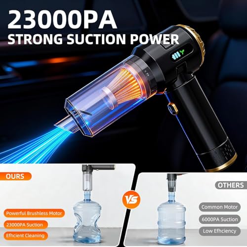 Melising Handheld Vacuum Cleaner Cordless, 23000Pa Powerful Car Mini Vacuum Cleaner, Rechargeable Portable Lightweight dust Catcher for Home Car Carpet Stairs Pet Hair Deep Cleaning（Black-Gold）.