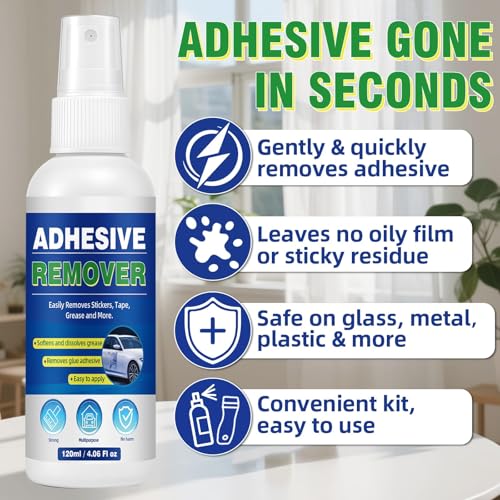 Adhesive Remover, Sticker Remover with Plastic Razor & Towel, 120ml Glue Removers for Removing Labels, Tapes, Gum, Wax and Sticky Residue, Powerful Super Glue Removers for Floor, Windows, Walls, Cars