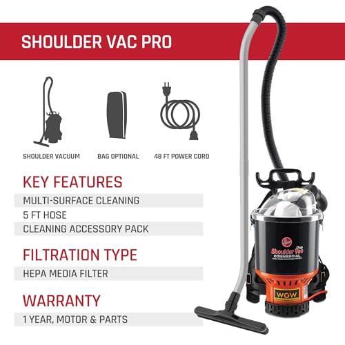 Hoover Commercial Shoulder Vac Pro Bagged Backpack Vacuum Cleaner, Lightweight, Chiropractic Design, HEPA Media Filtration, Corded Vacuum Cleaners for Commercial Use on Carpet and Hard Floors