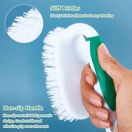 HileSwan Scrub Brush Set, 4 Pack Deep Cleaning Brush Kit - 2 Scrub Brush, 2 Tile & Grout Brush with Built-in Scraper, Household Commercial Scrubber for Floor, Shower, Pool Wall, Tub (Green)