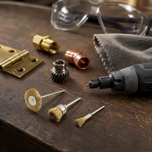 PHYHOO Brass Wire Brushes Cup Wheels Polish Cleaning Brush Kit Polishing Attachment Die Grinder Rotary Tools Accessories 3 MM Mandrel 60 Pieces