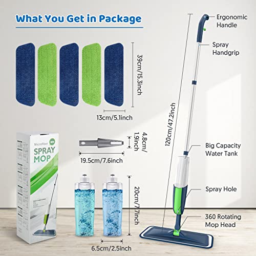 Spray Wet Mops for Hardwood Floor Cleaning: MEXERRIS Floor Mop with 5 Washable Pads for Swiffer Powermop & 2 Refillable Bottles - Home Commercial Dust Dry Mops for Wood Laminate Vinyl Tiles Ceramic