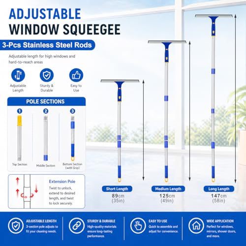 ITTAHO Window Squeegee with Extension Pole, Separate 12" Squeegee & 11" Microfiber Scrubber Heads, Window Cleaning Kit for Hard-to-Reach Windows, Shower Doors, Car Windshields, Indoor Outdoor-2 Pads