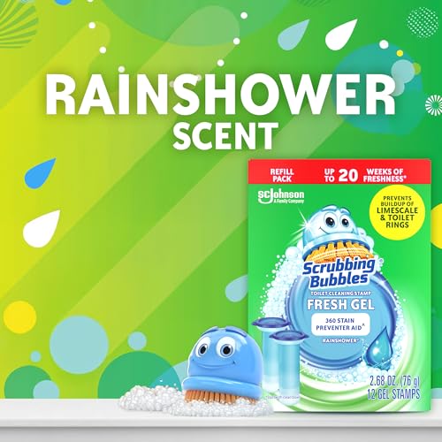 Scrubbing Bubbles Fresh Gel Toilet Bowl Cleaning Stamps Refills, Helps Keep Toilet Clean and Helps Prevent Limescale & Rings, Rainshower Scent, 12 Stamps (Pack of 3)