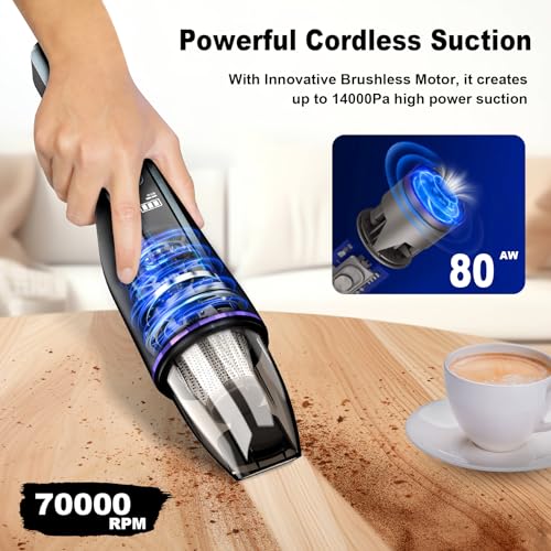 DRECELL Handheld Vacuum Cleaner, Car Vacuum with Brushless Motor & 14000Pa Powerful Suction,1.2Lbs Lightweight, LED Light, Slim Mini Vacuum Cleaner for Car Home Office Pet Hair