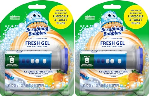 Scrubbing Bubbles Fresh Gel Toilet Bowl Cleaning Stamps, Helps Keep Toilet Clean and Helps Prevent Limescale & Rings, Citrus Scent, 1 Dispenser with 6 Fresh Gel Stamps (Pack of 2)