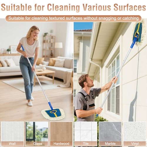 Commercial Dust Mop for Hardwood Floors Cleaning, Heavy Duty Industrial Dry Mop with 2 Wedge Cotton Mop Pads for Walls Cleaner,Tile,Vinyl,Laminate, Floor Duster Broom for Home and Business Use,Blue