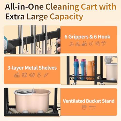 Broom Holder with Cleaning Supplies Organizer Load 350 LBS Cleaning Cart with Wheels Broom Closet Storage with 3-Tier Shelves, 6 Mop Hanger Grippers, 3 Double-Hooks, Vacuum Stand for Laundry Garage