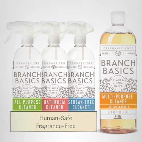 Branch Basics Cleaning Essentials Kit: All Purpose, Glass and Bathroom Cleaner - Concentrate (33.8 Oz) (17 Refills) + Refillable Plastic Spray Bottles (24 Oz) Plant Based, Human-Safe, & Fragrance Free